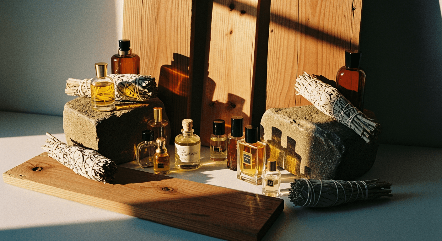 Cedar wood, fieldstone, and aged brass — the materials of Cedar & Stone