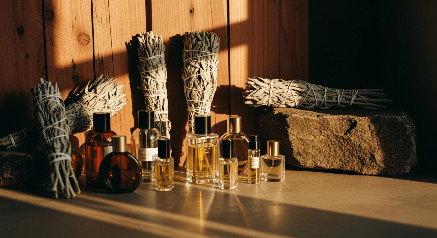 Cedar & Stone materials — cedar, fieldstone, brass, sage